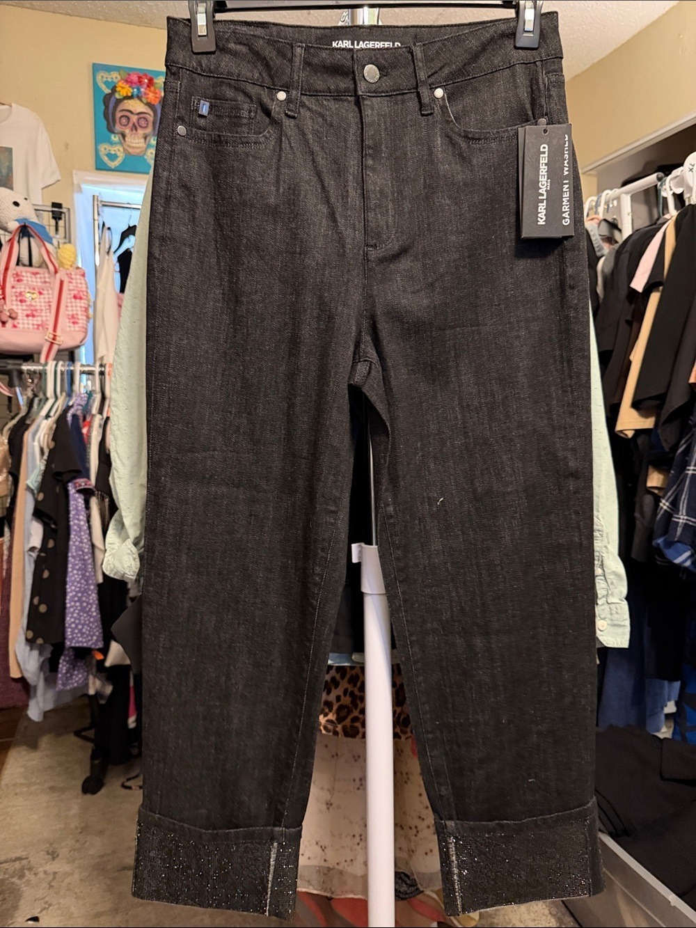 Karl Lagerfeld Men's Dark Black Straight Jeans with Cuffed Hem